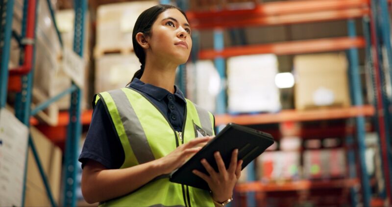 Thinking,,Warehouse,And,Woman,On,Tablet,For,Inspection,,Inventory,And