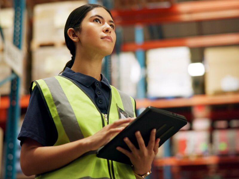 Thinking,,Warehouse,And,Woman,On,Tablet,For,Inspection,,Inventory,And