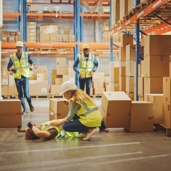 Warehouse Worker Has Work Related Accident Falls while Trying to Pick Up Cardboard Box from the Shelf. Colleagues Call for Help and Medical Assistance. Injury at Work.